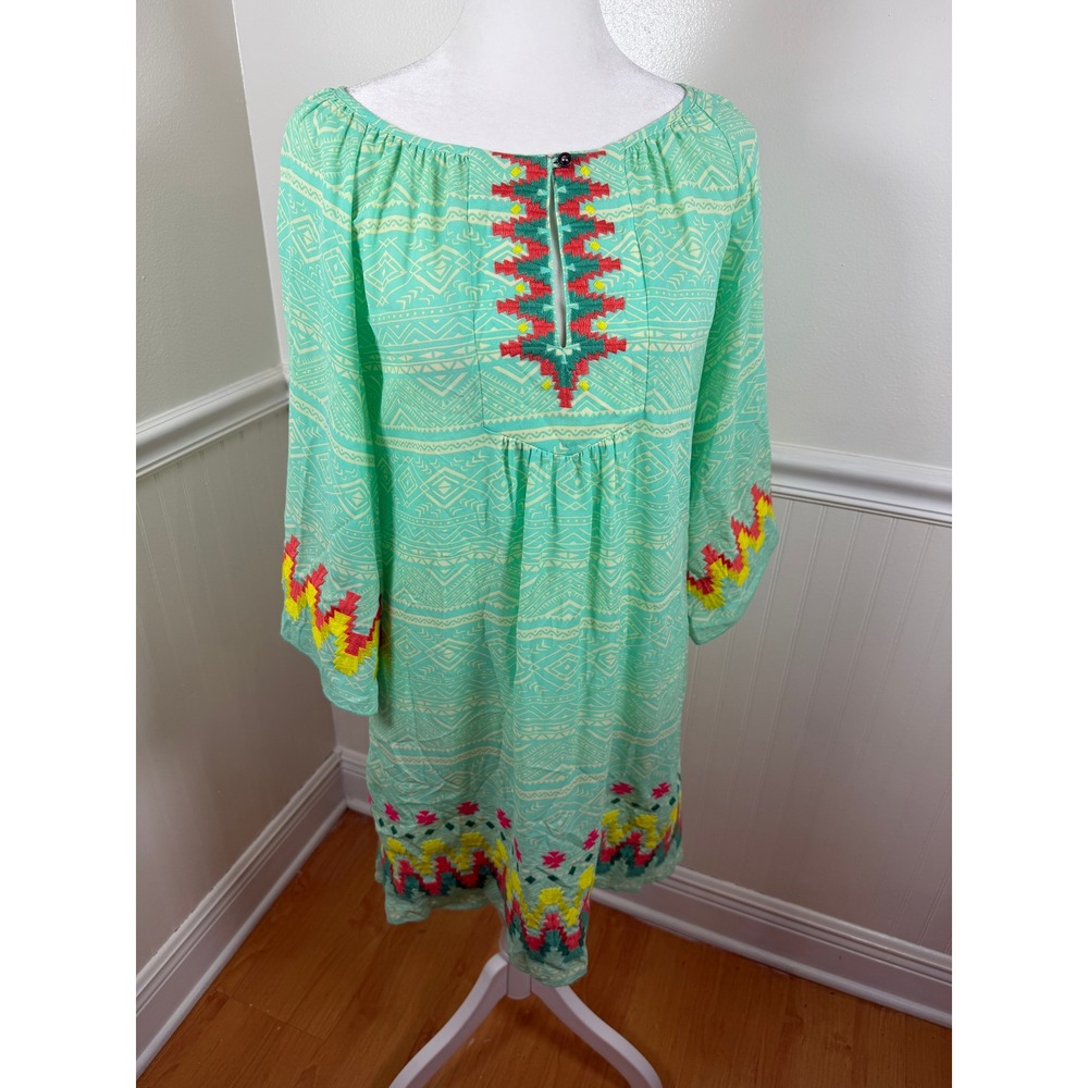 Uncle Frank Womens Turquoise Embroidered Bohemian Tunic Dress XS‎